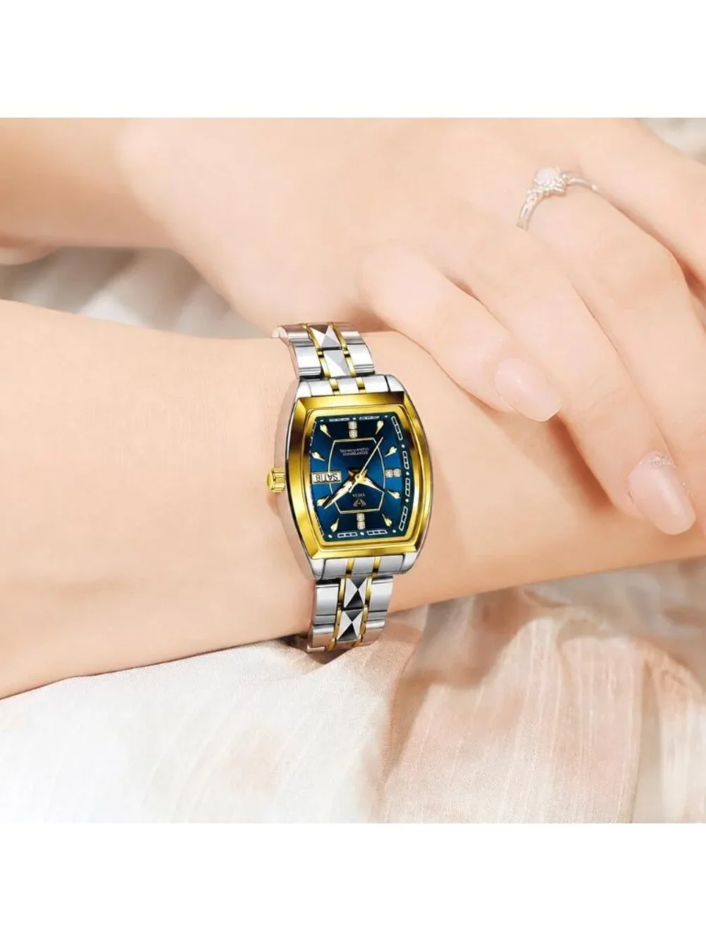 Women's Blue Two Tone Stainless Steel Waterproof Casual Dress Date Wrist Watch